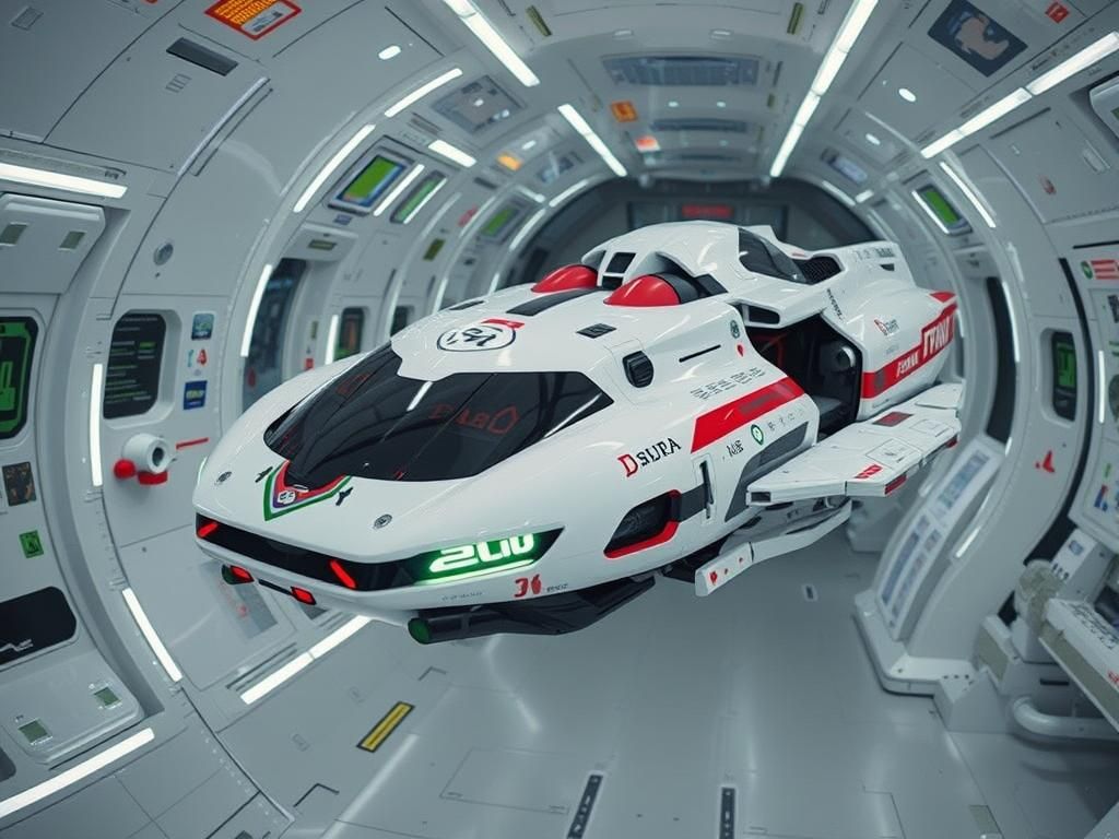 Futuristic Hover Vehicle in Airlock with Neon Lights