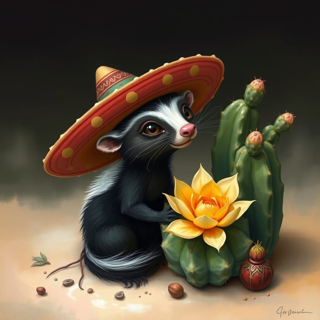 Dreamy Skunk in Sombrero by Blooming Cactus