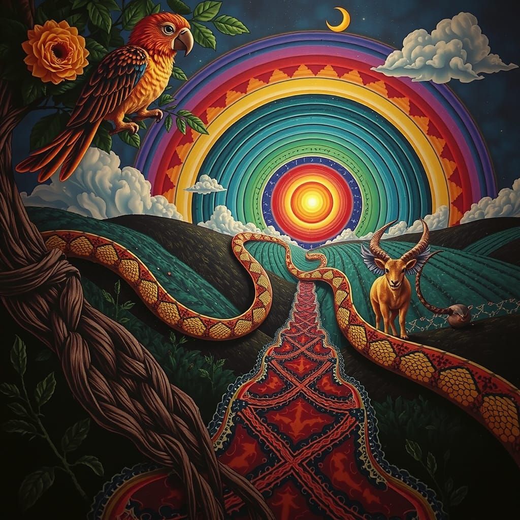 Mythical Chimera with Teal Hair and Yellow Flower, 8K Mosaic