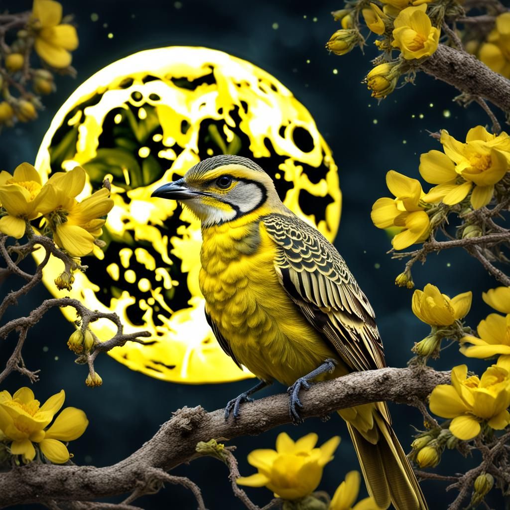 Surreal Yellow Bird in Fantasy Landscape