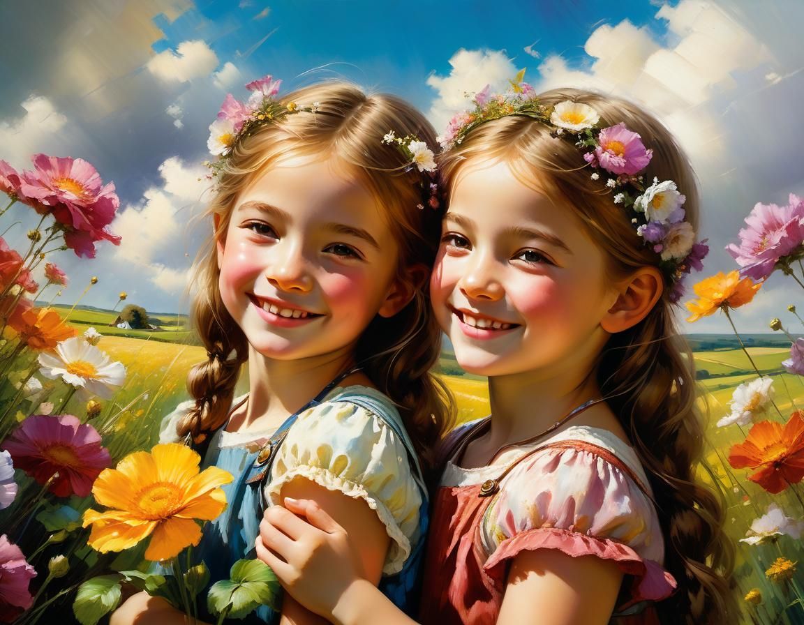 Twin Sisters' Joyful Embrace in Floral Countryside