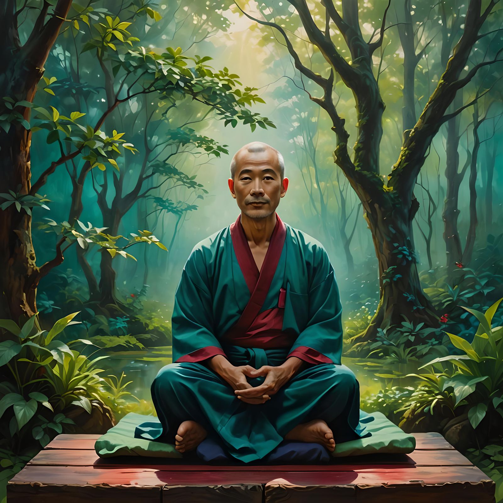 Zen Teacher Meditating in Tranquil Forest