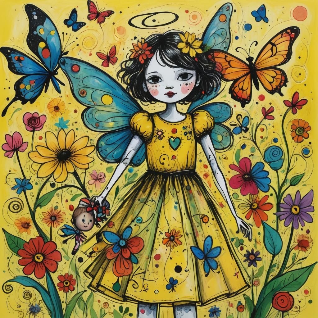 Whimsical Crayon Drawing of Angel, Demon, and Fairy