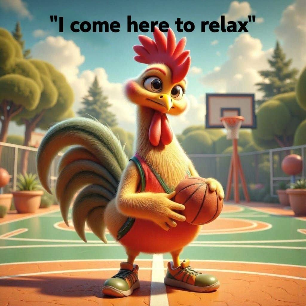 Comical Anthropomorphic Rooster Playing Basketball