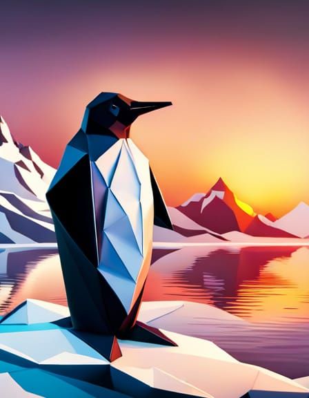 3D Origami Penguin on Ice at Sunrise