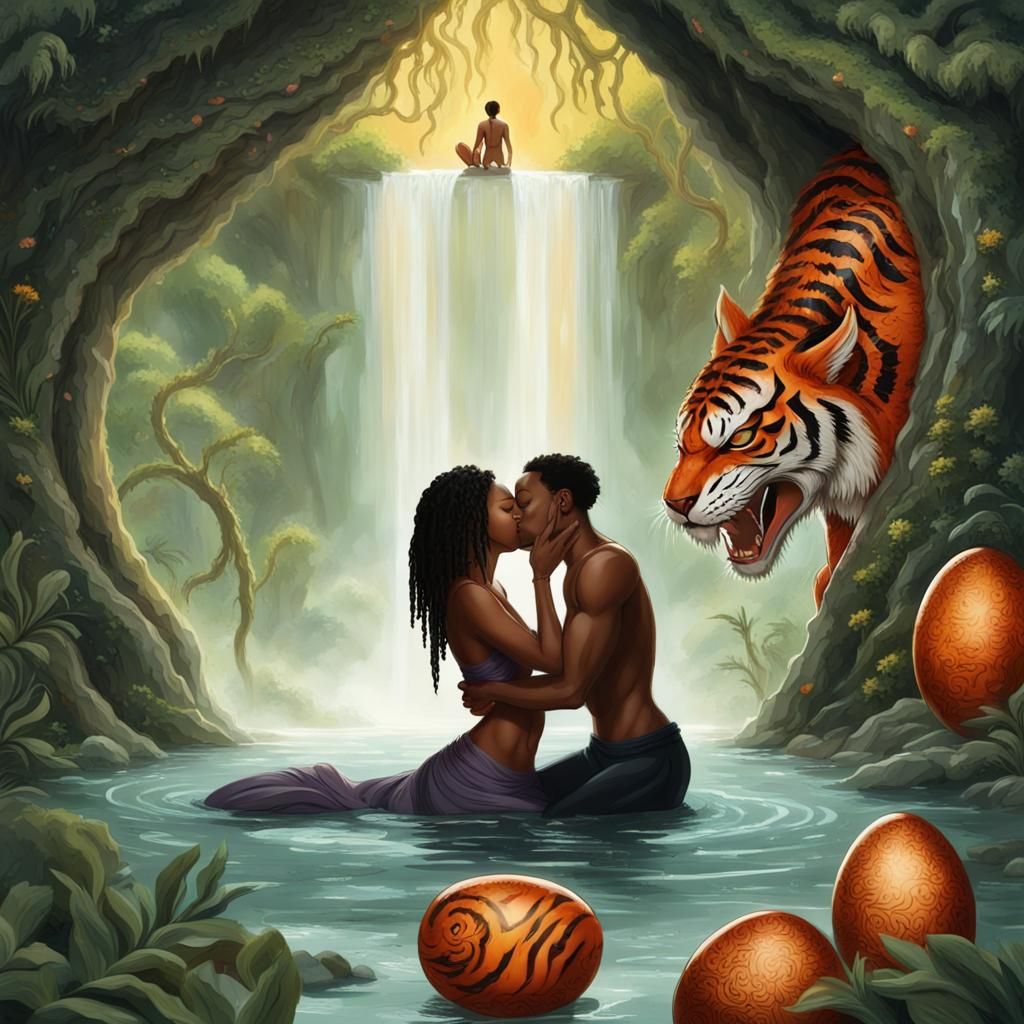 Surreal Couple: Tiger and Scorpion Kissing in Dragon Egg