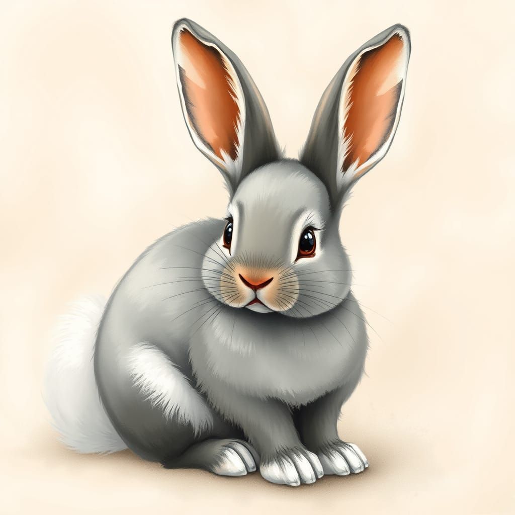 Whimsical Gray and White Rabbit with Oversized Ears and Fluf...