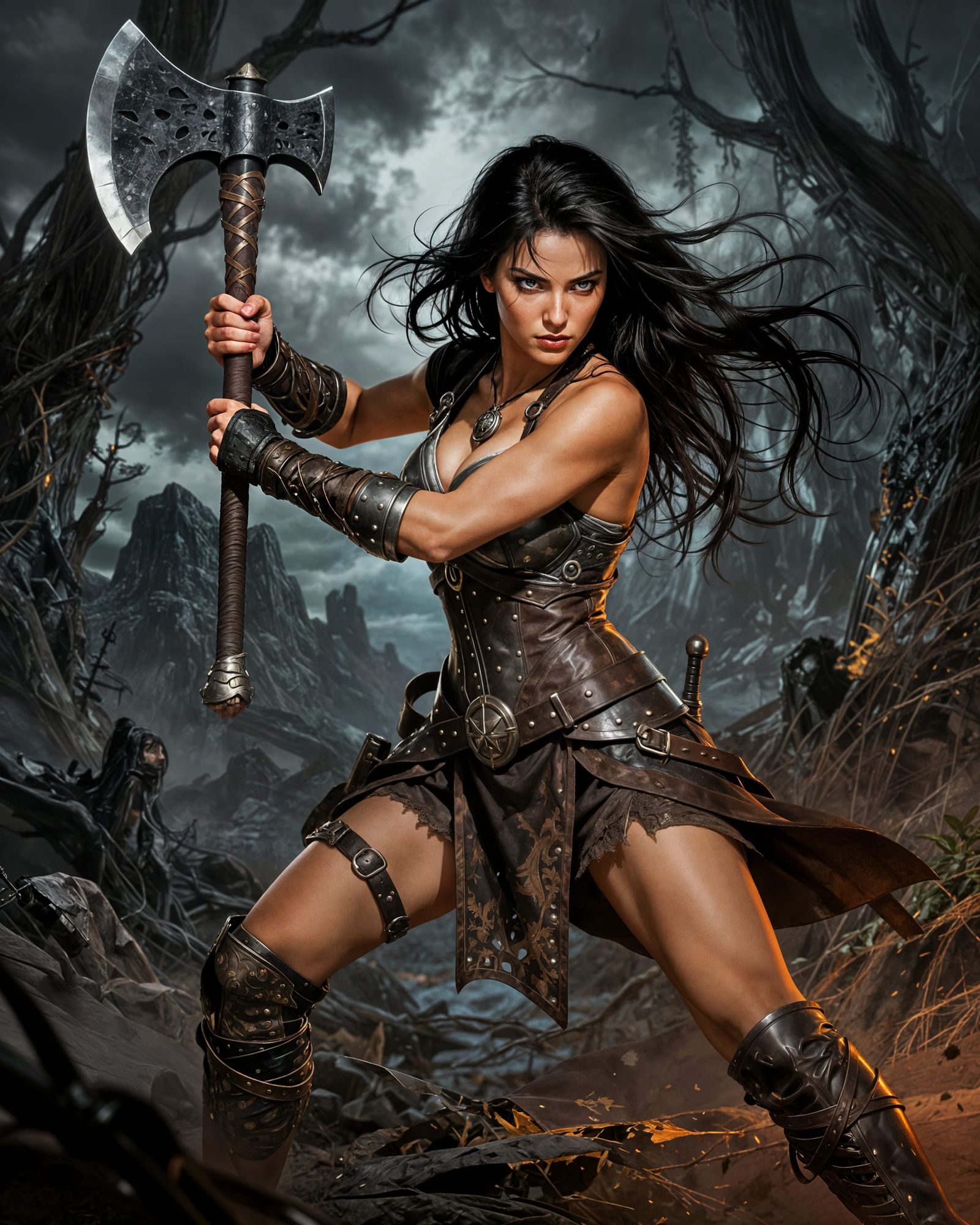 Warrior Woman in Dark Fantasy Combat Stance