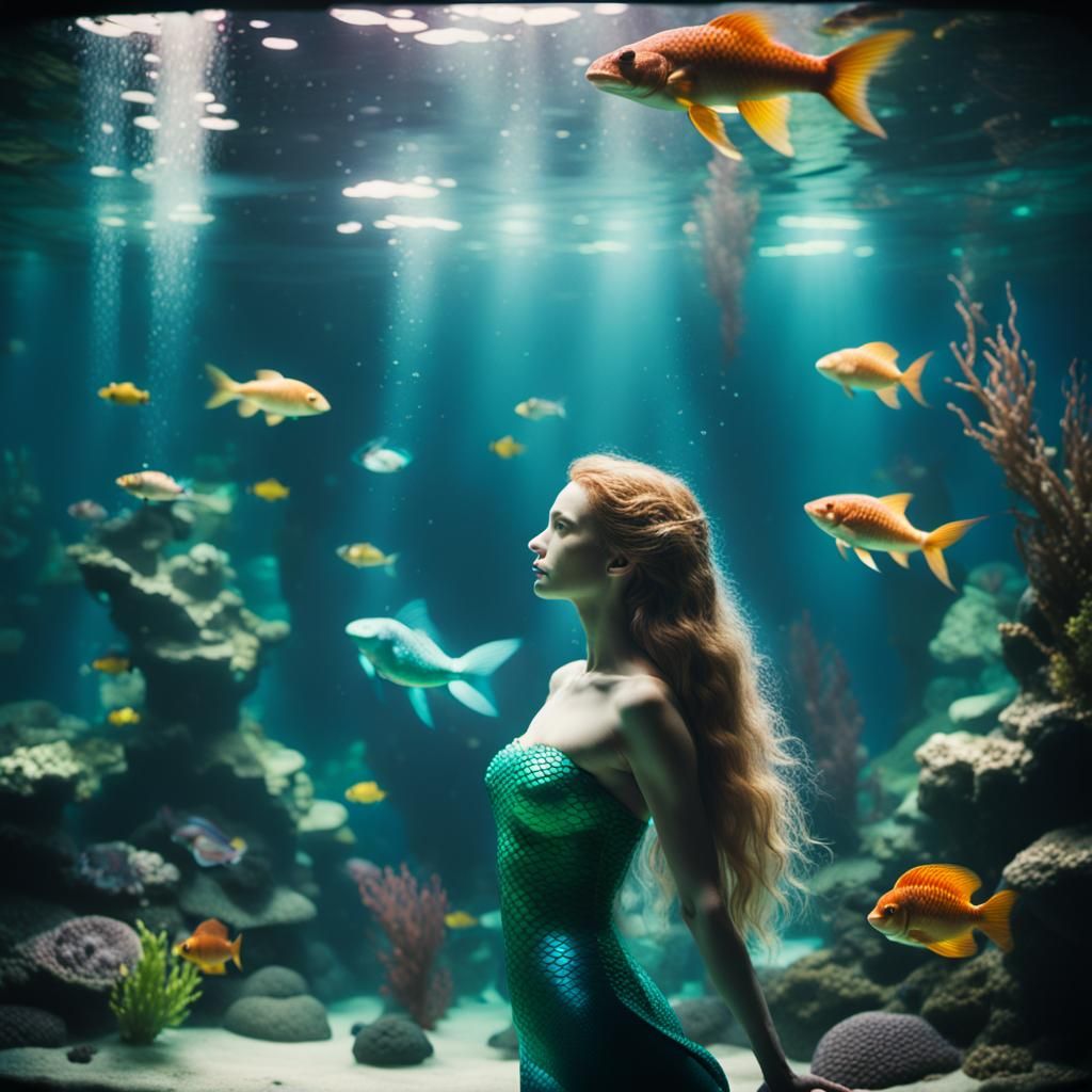 Cinematic Mermaid in Aquarium Film Still