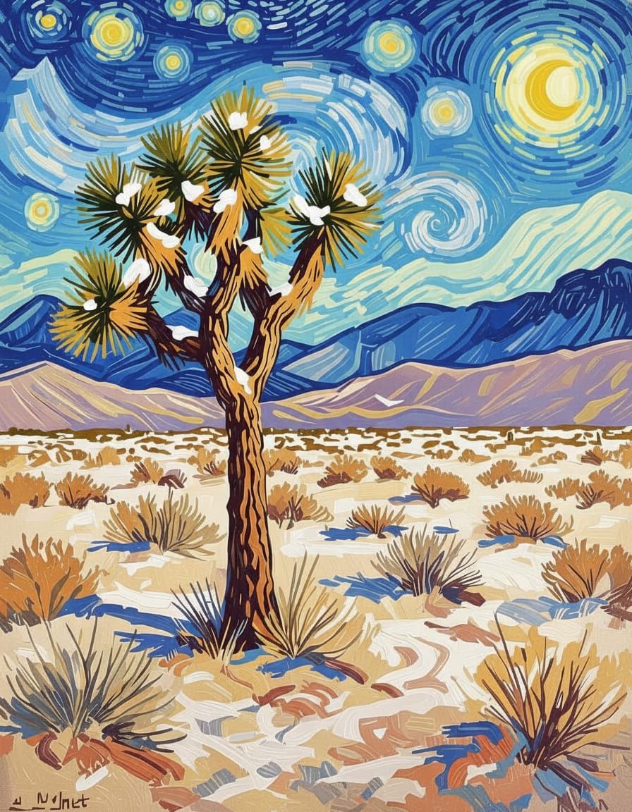 Winter Joshua Trees Under Starry Van Gogh Sky