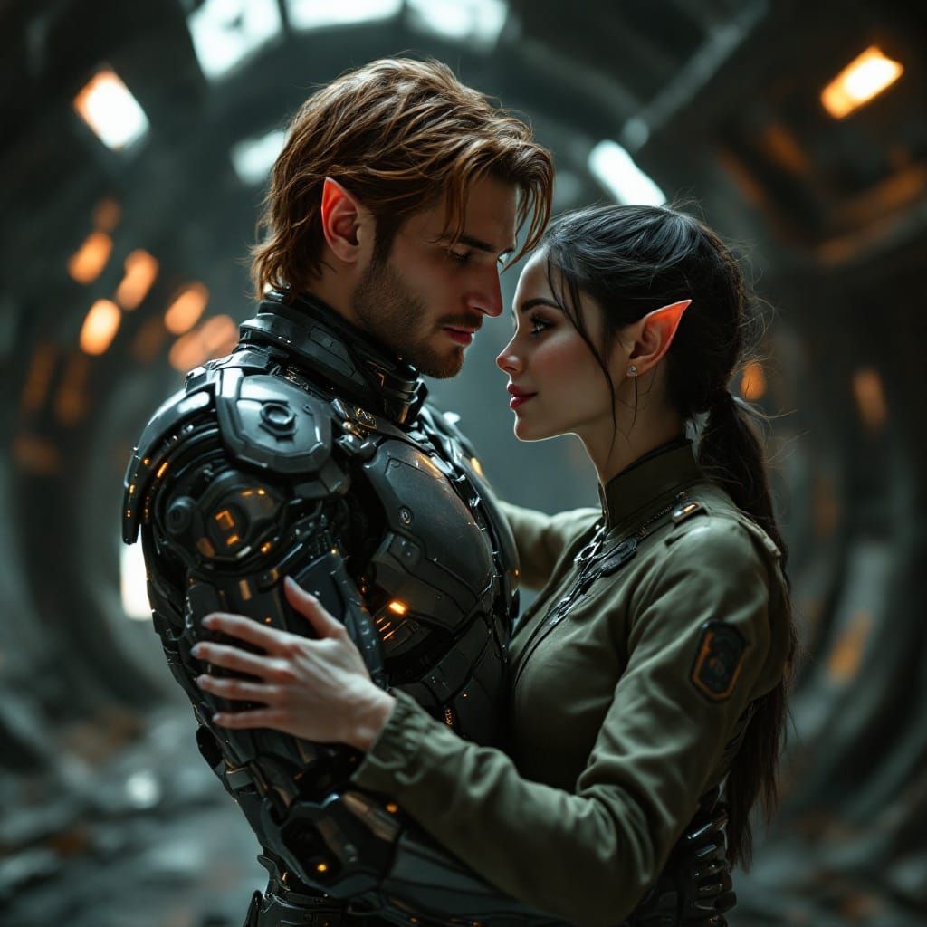 Elegant Space Station Embrace in Cyberpunk Style