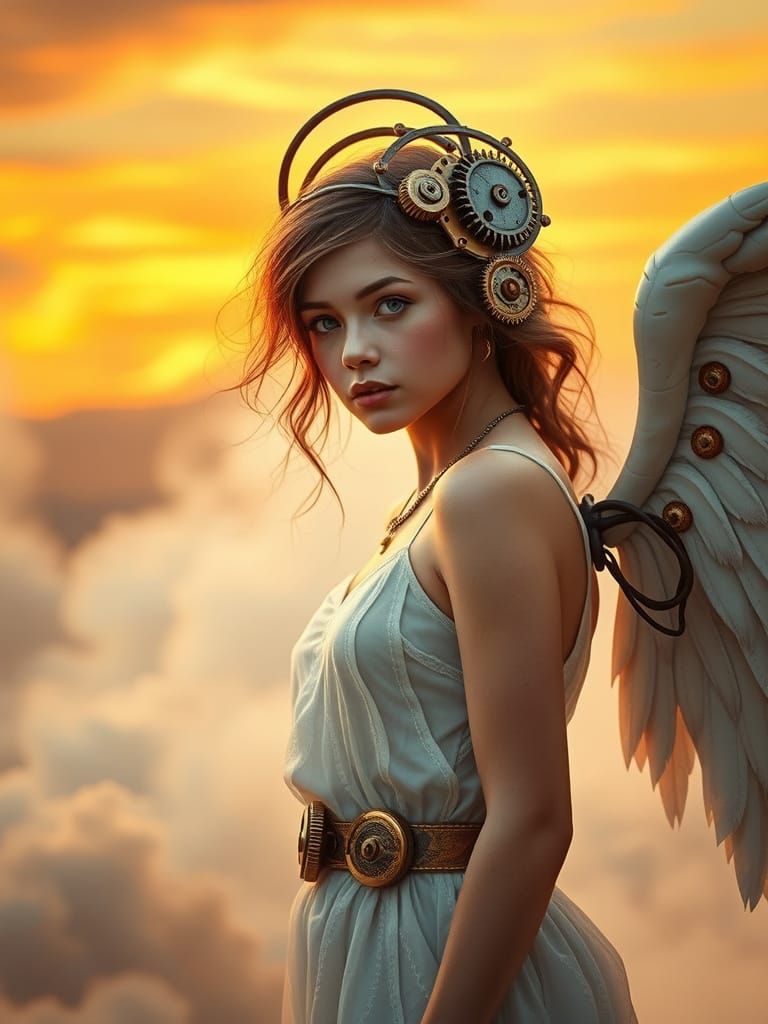 Steampunk Angel with Mechanical Wings in Golden Hour Light