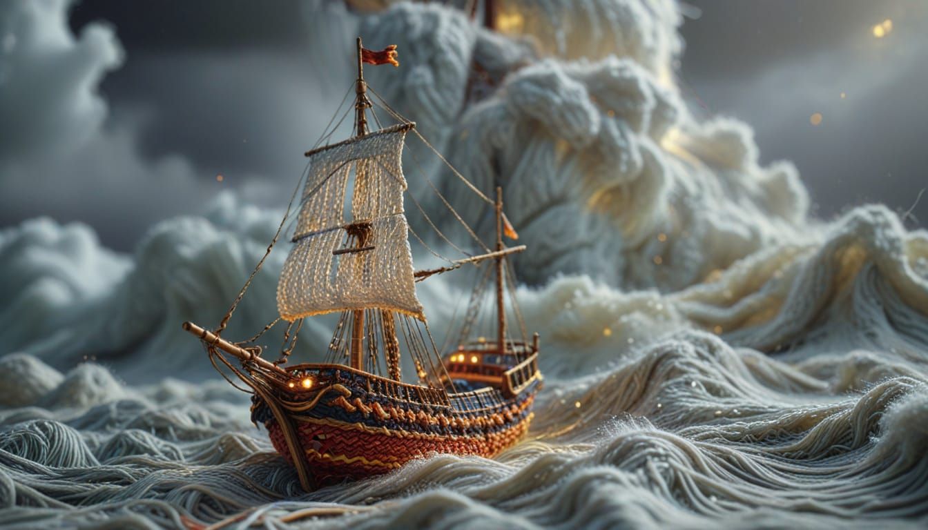 Knitted Sailing Ship in Stormy Tulle Sea: Digital Art