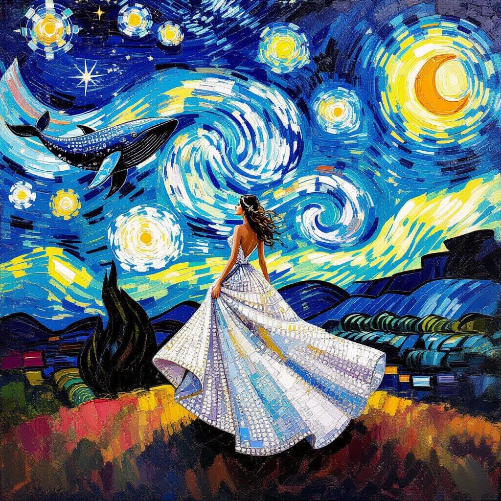 Surreal Rhinestone Gown: Impasto Oil Painting