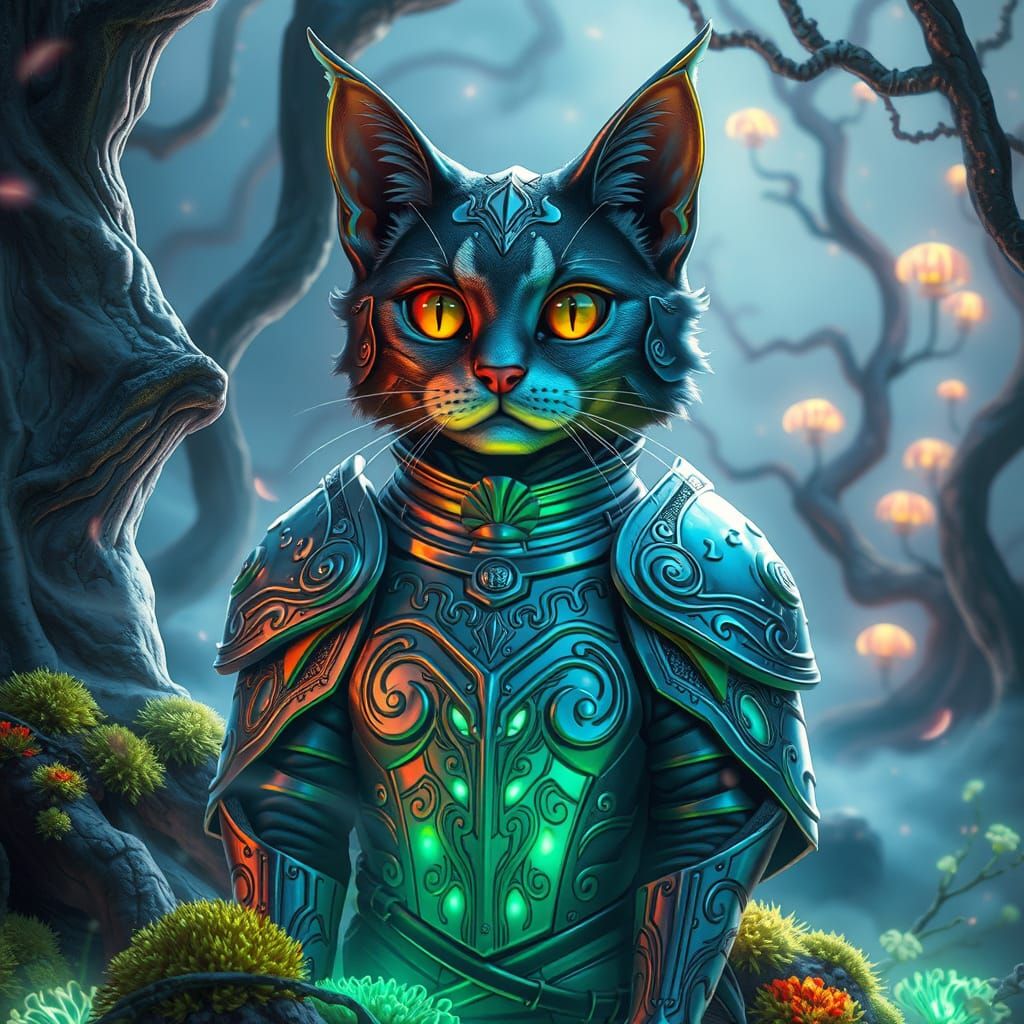 Regal Warrior Cat in Shimmering Metallic Armor in Dreamlike ...