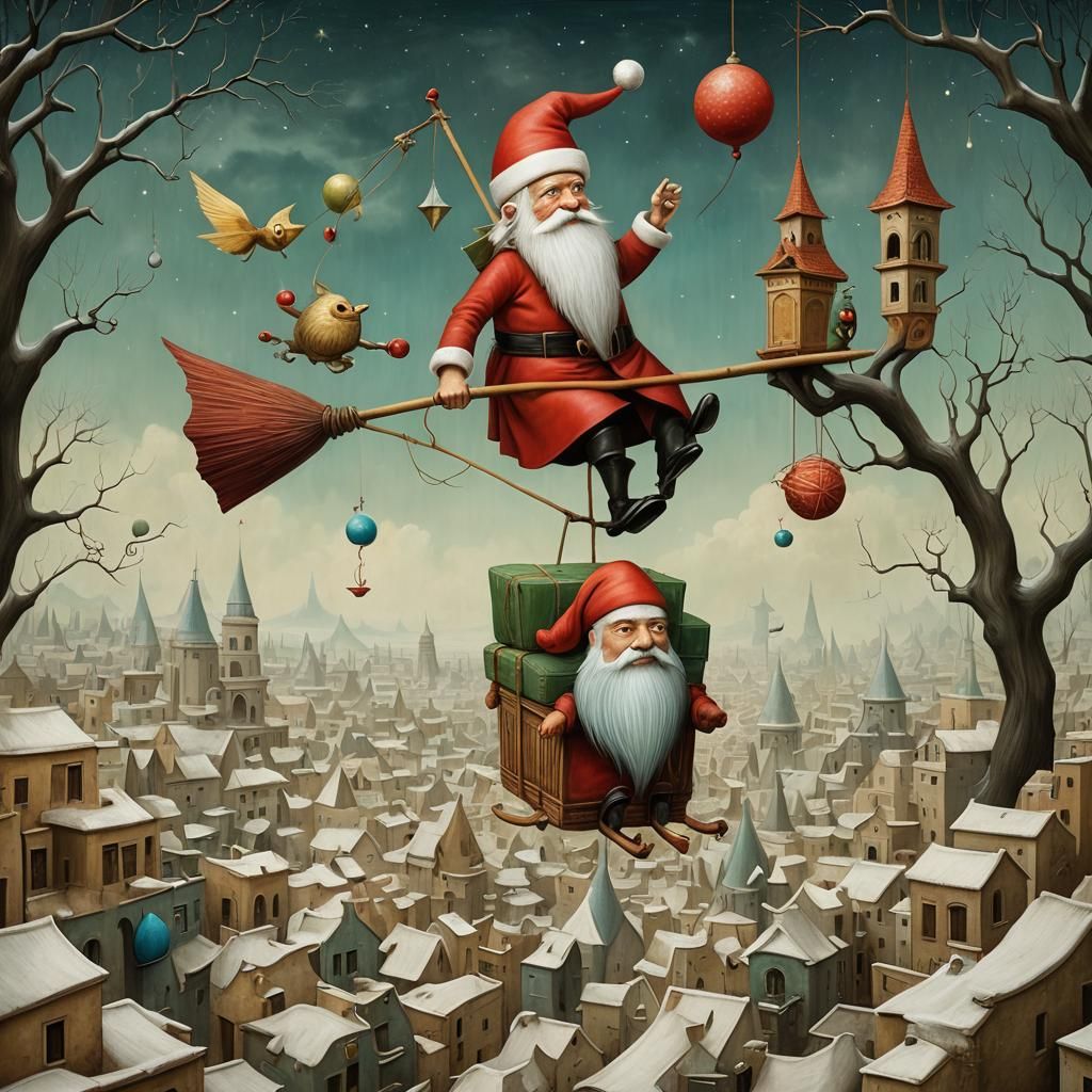 Surreal Santa Claus Flight: An Aztec-Inspired Masterpiece