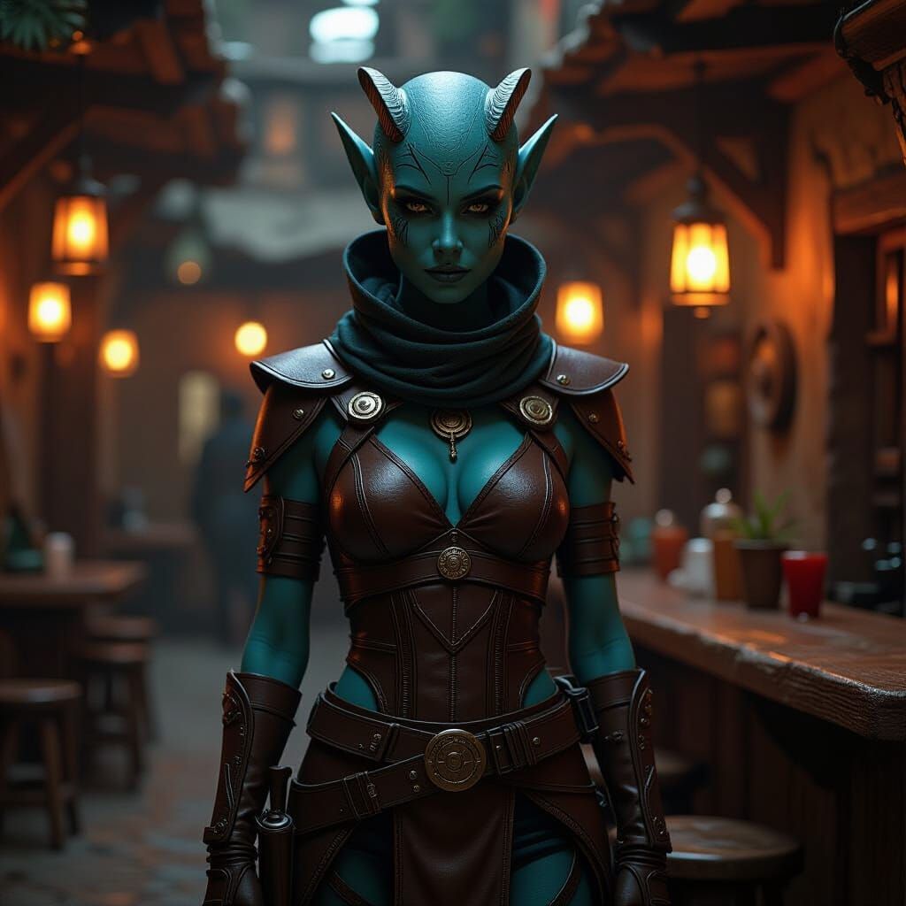 Twi'lek in Cantina: Gritty Photorealistic Art