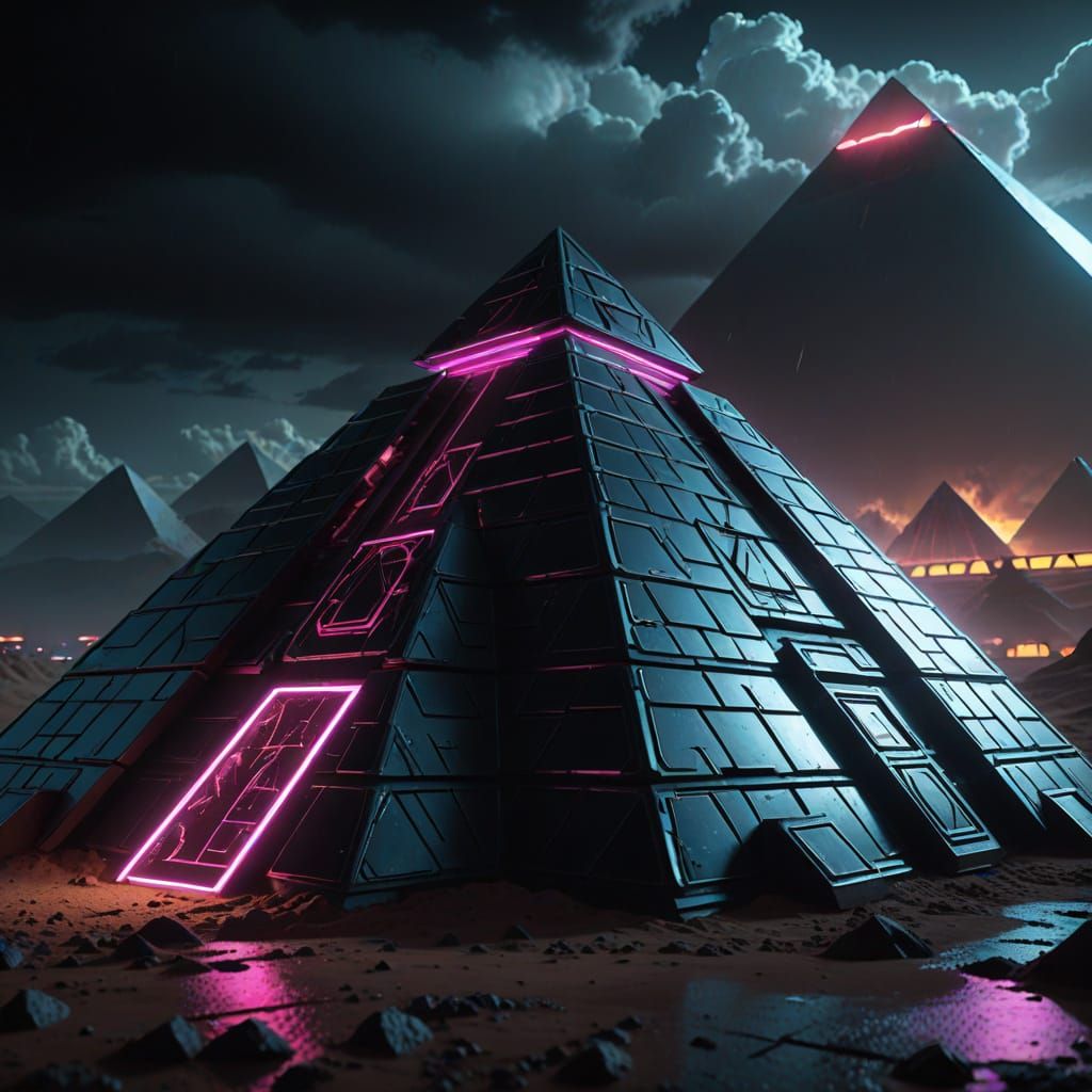 Sci-Fi Pyramid with Neon Lights in Cinematic Style