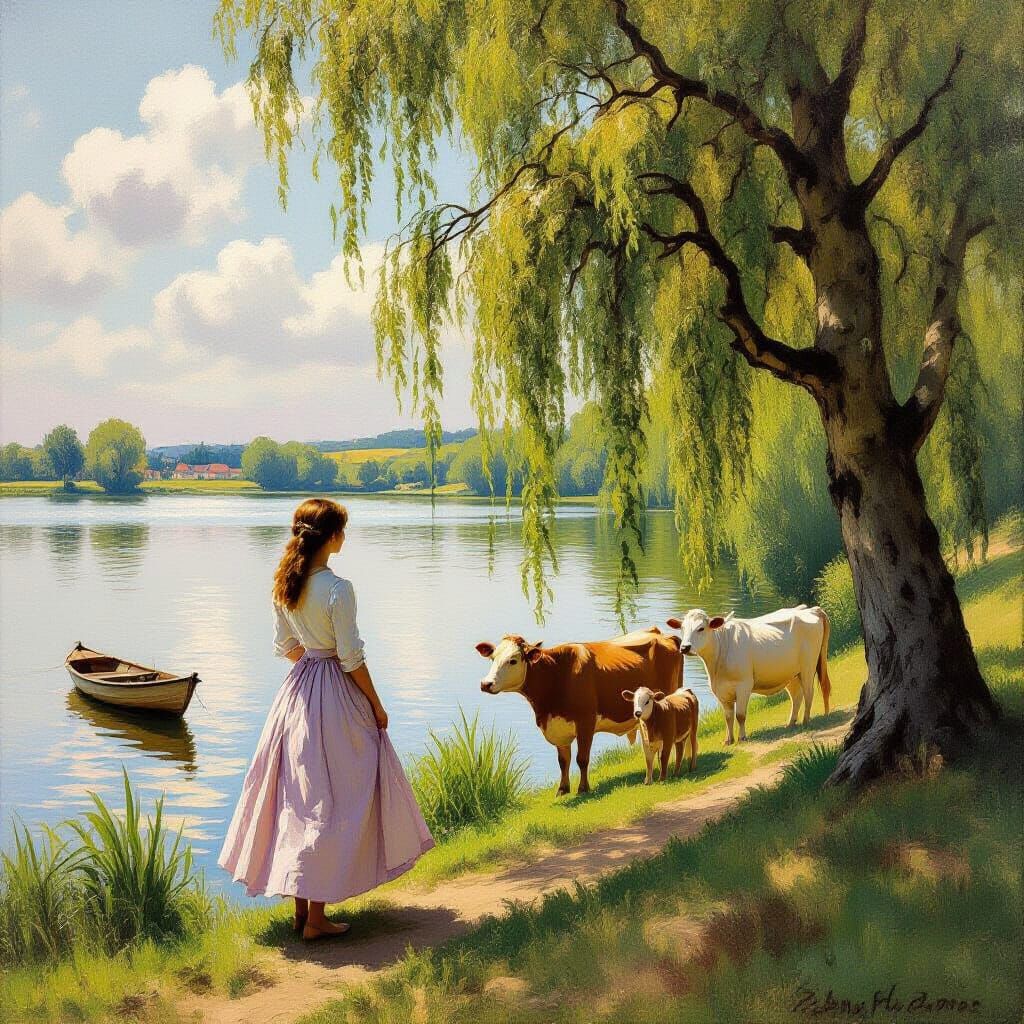 Impressionist Scene: Woman, Cows, and Lake in Soft Light
