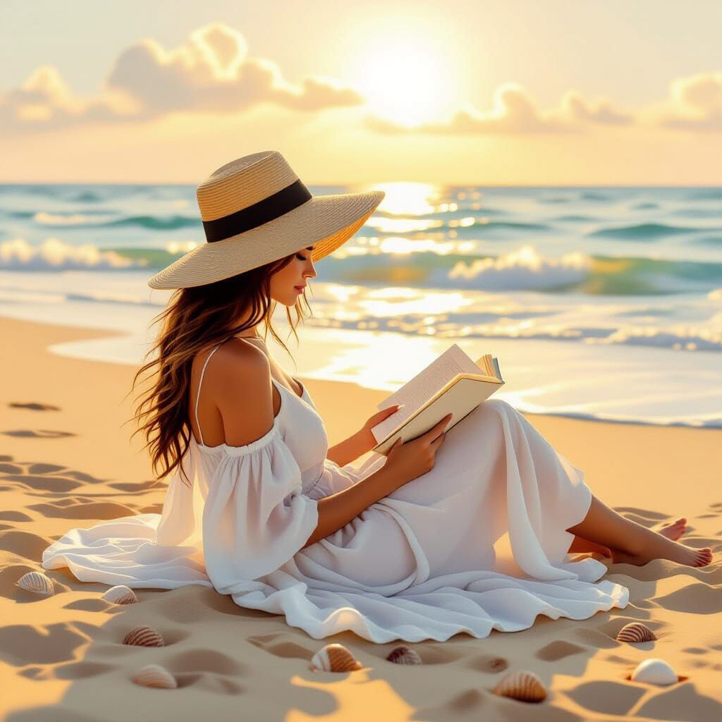 Woman Reading on Beach in Golden Hour Light