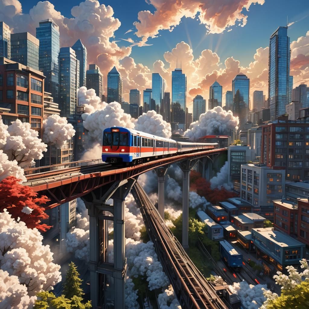 Vancouver Skytrain Soaring Through Stylized Cityscape