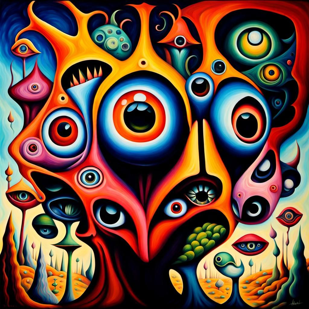 Surreal Creatures with Piercing Eyes: Oil Painting