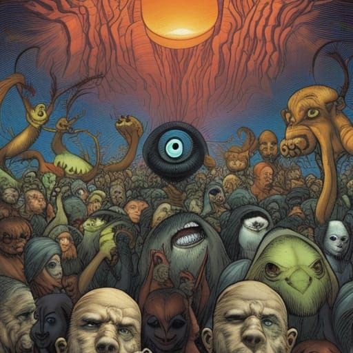 Crowd of Giant-Eyed Figures in Comic Book Art