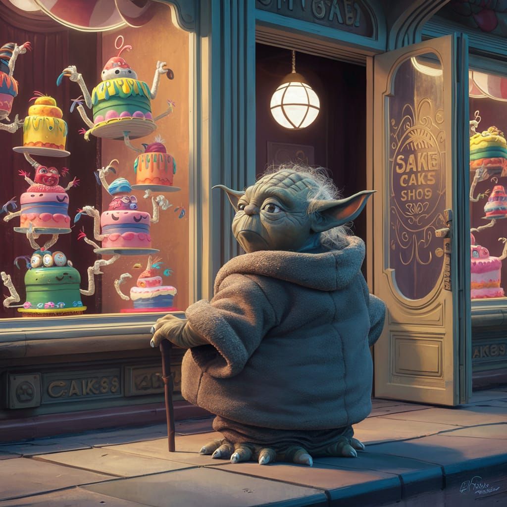 Comical Yoda and Animated Cakes Illustration