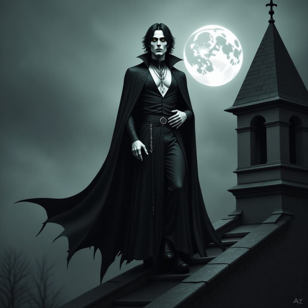 Ethereal Vampire Silhouette on Gothic Rooftop