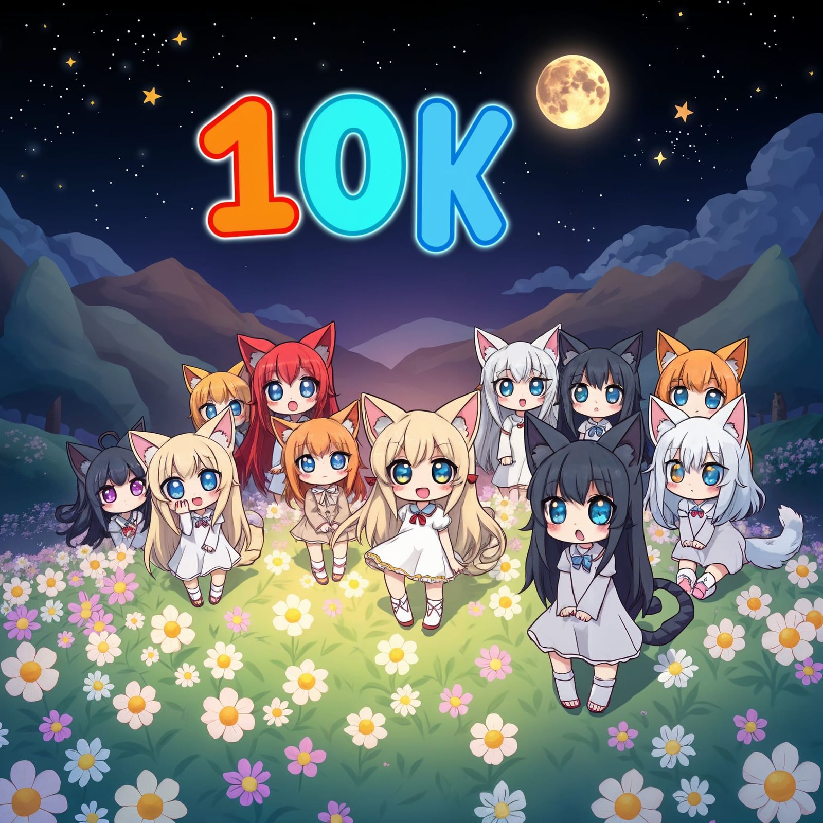 Anime Catgirls Celebrate 10K in Flowery Valley