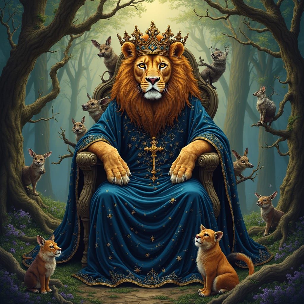 A regal lion, adorned in a velvet robe embroidered with cons...