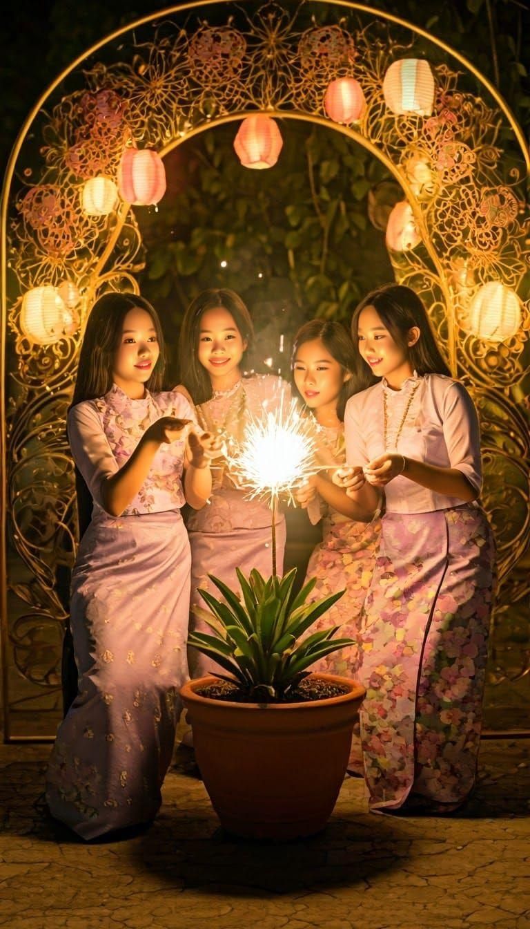 Myanmar Girls Celebrate with Fireworks in Art Nouveau Garden
