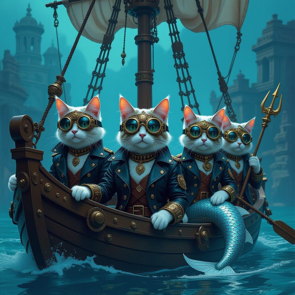Steampunk Cats and Silver Mermaids on Pirate Ship