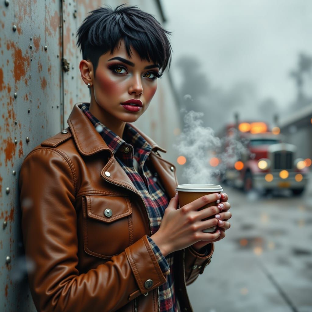 Impressionistic Oil Painting: Woman with Coffee at Truck Sto...