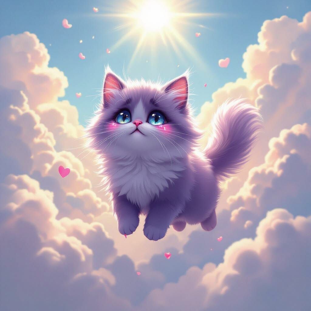 Fluffy Purple Cat Weeps Pink Tears in Ethereal Cloudscape