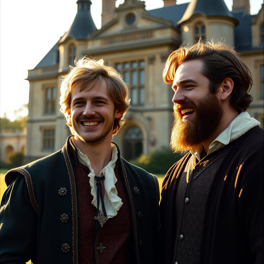 Aristocrats Joking in Golden Light, Cinematic Film Still