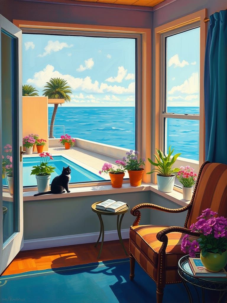 Cozy Room with Ocean View in Abstract Expressionism Style