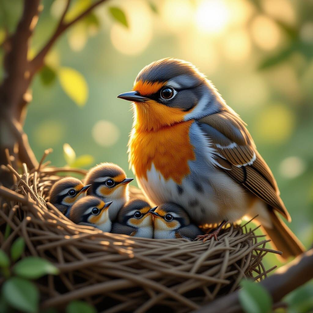 Proud Robin Mother and Younglings in CGI Style