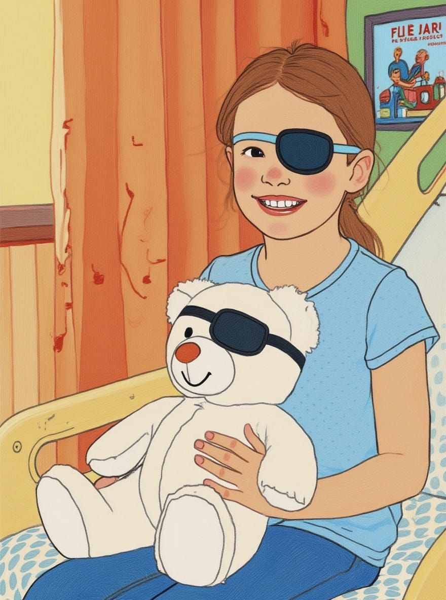 Smiling Girl with Teddy Bear in Hospital: Whimsical Art