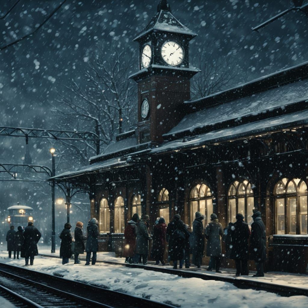 Snowy Train Station Scene in Hyperrealistic Cinematic Style
