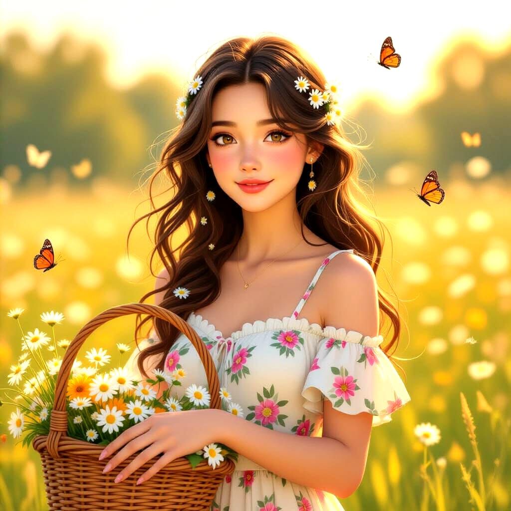 Anime-Style Woman in Meadow with Flowers, Cottagecore