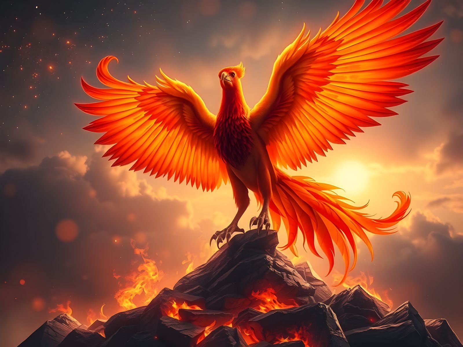 Majestic Phoenix Reborn in Fiery Twilight Sky