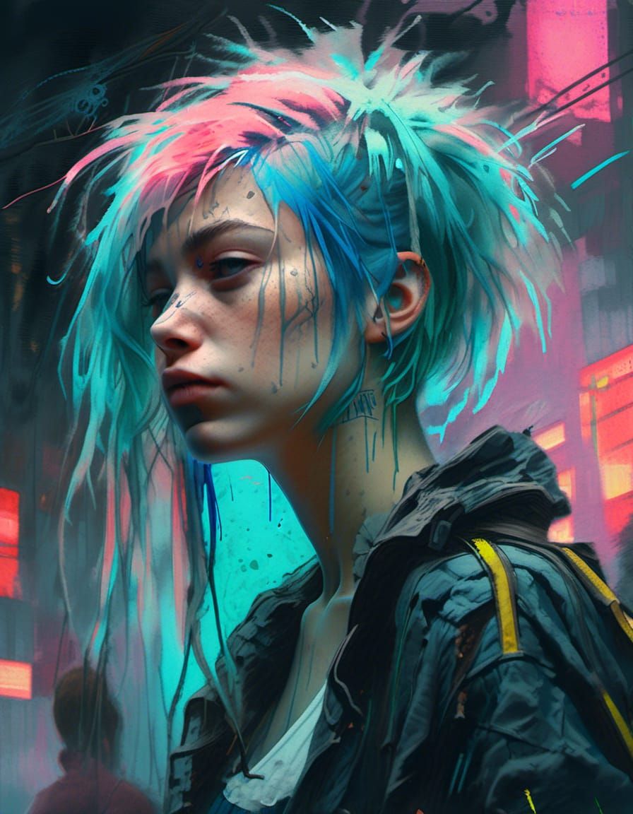 Cyan-Haired Cyberpunk Girl in Hyper-Realistic Neon Dream