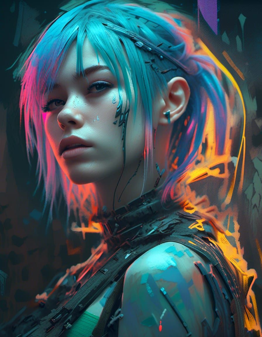 Cyan-Haired Cyberpunk Girl: Hyper-Realistic Digital Illustra...