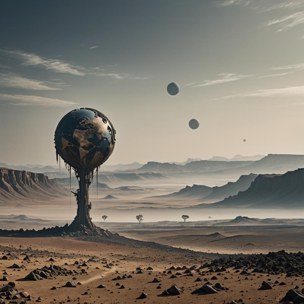 Bleak Airless Landscape with Earth in Sky