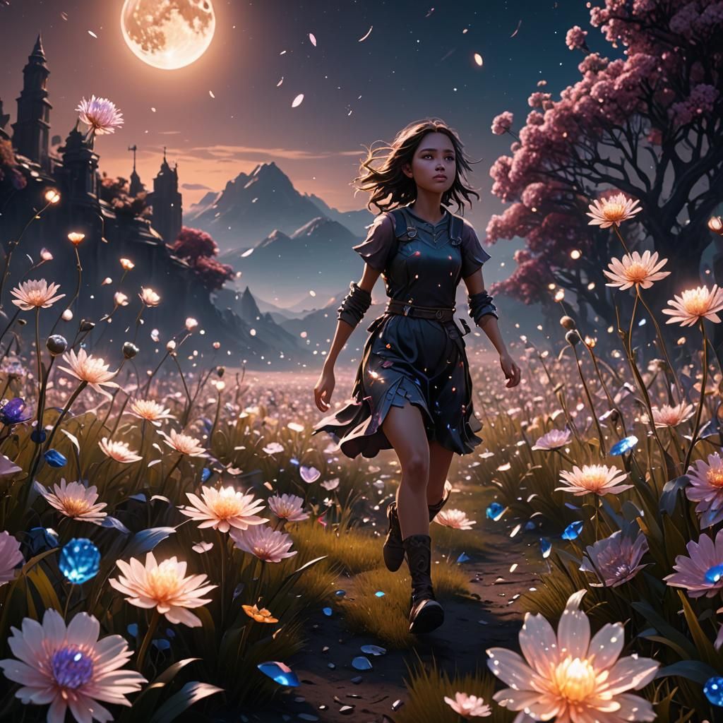 Girl in Crystal Flower Field: Fantasy Concept Art