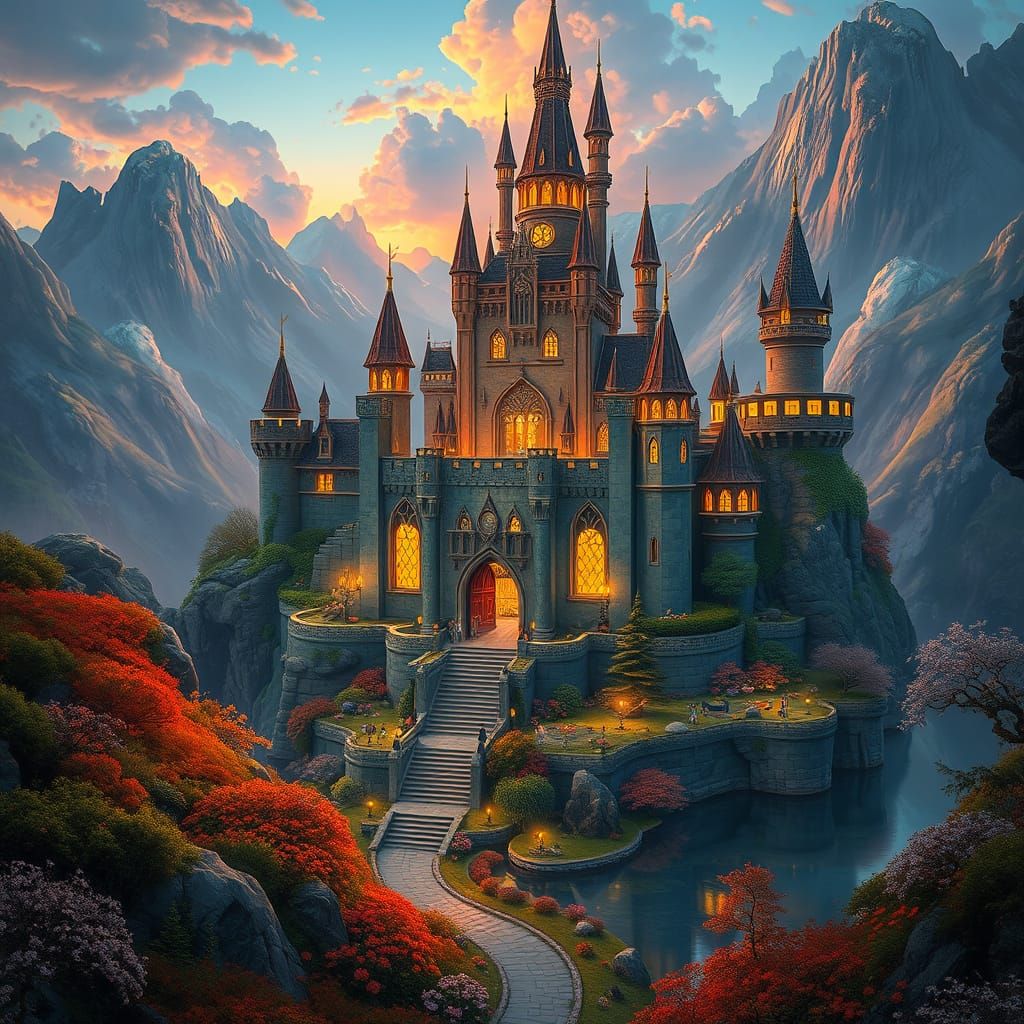 Ethereal Fantasy Castle Amidst Lush Landscapes