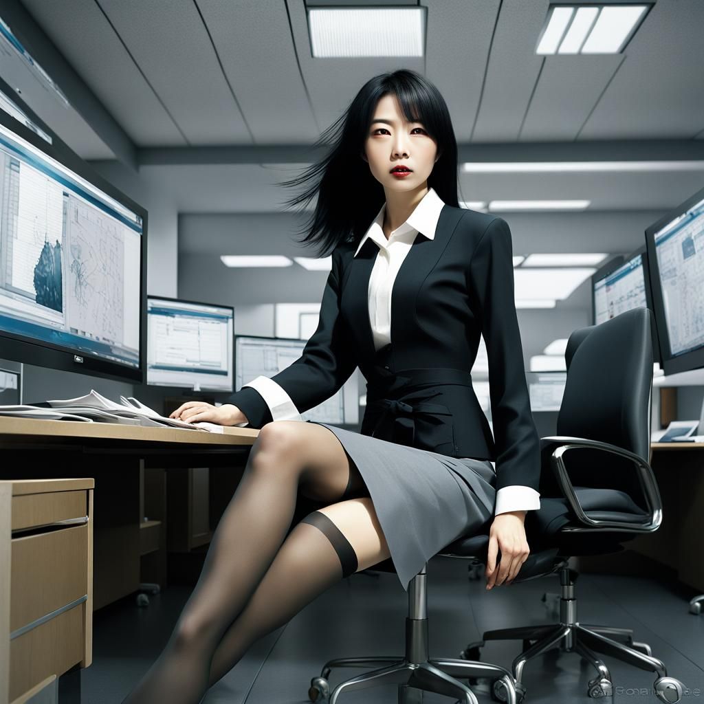 Japanese Woman in Office Clothes: Detailed Matte Painting