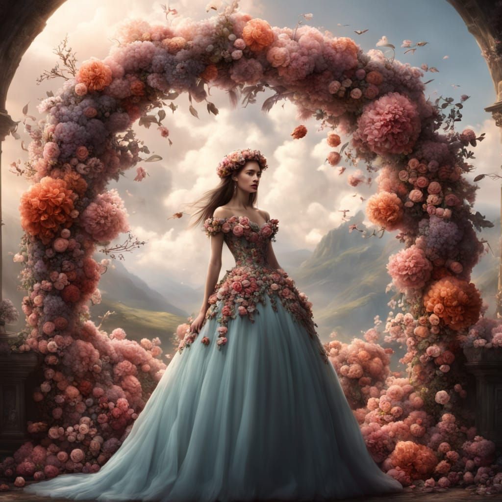 Stunning Cinematic Flower Wreath Ballgown in Maximalist Digi...