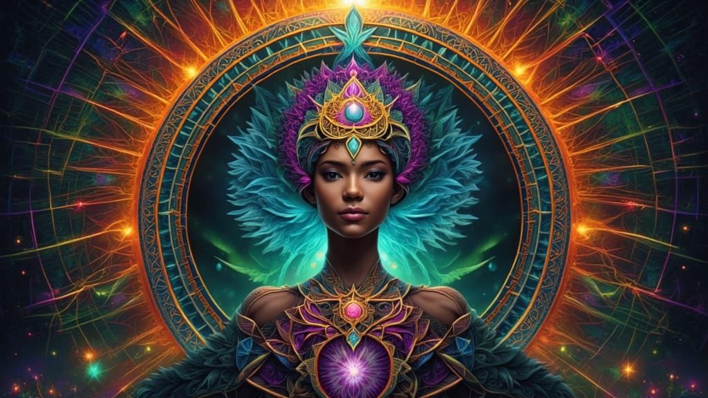 Abstract Figure Radiating Light in Kaleidoscope Mandala